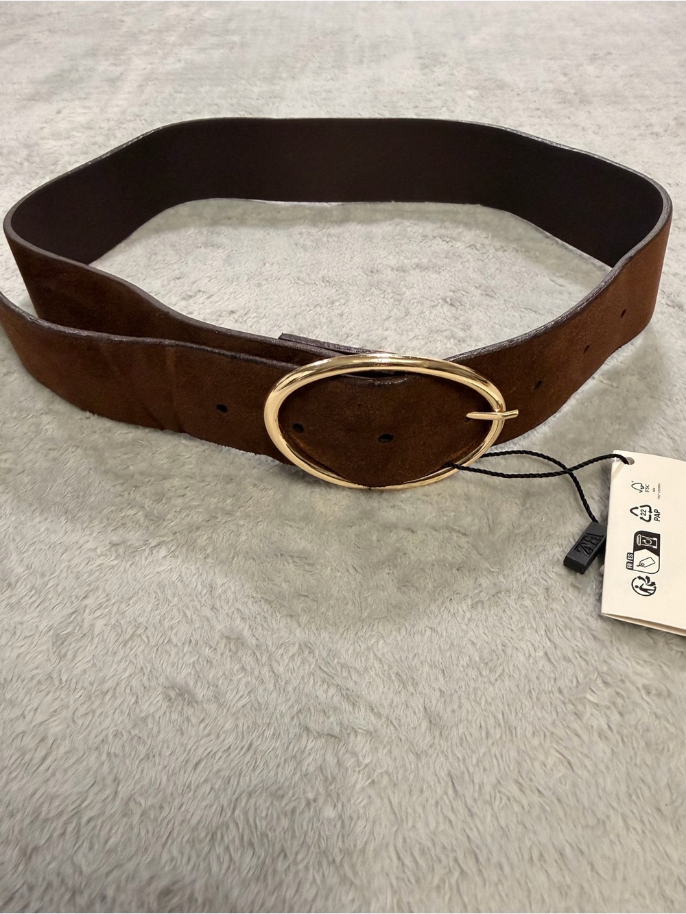Zara Cognac Brown Oval Buckle Belt NWT Minimalist Gold Hardware M